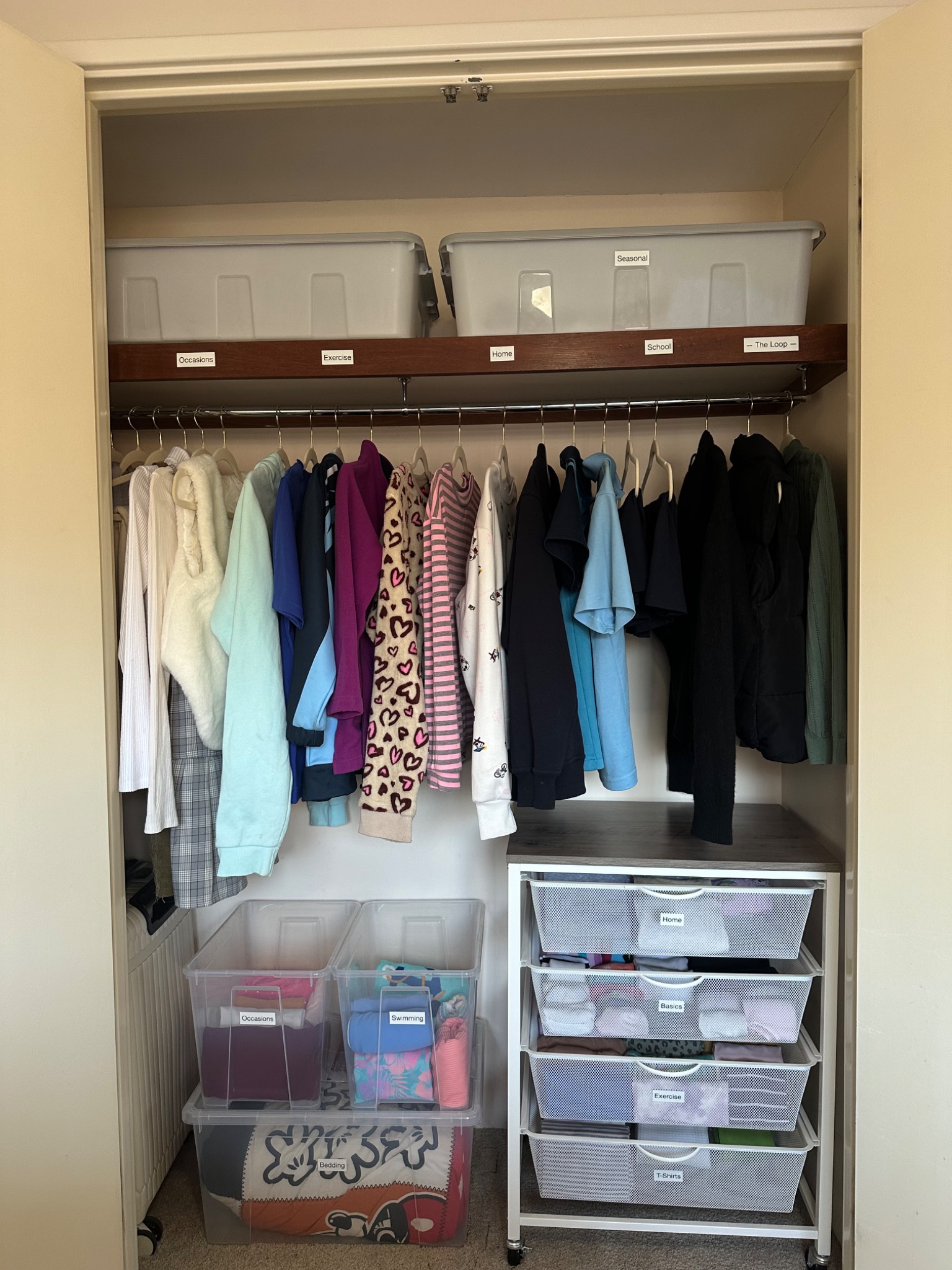 A wardrobe edited into calm life-scenario zones