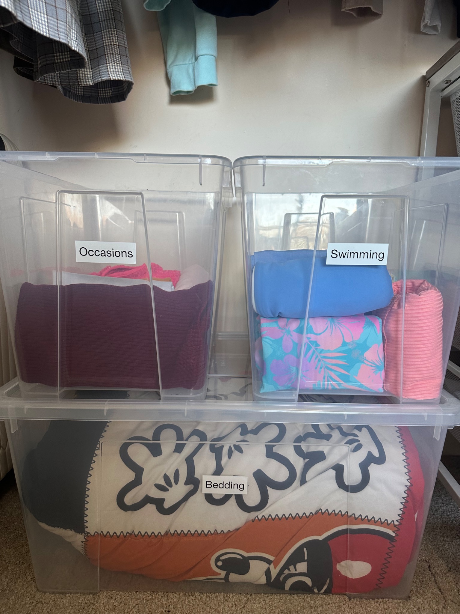 Occasions, swimming and bedding stored visibly
