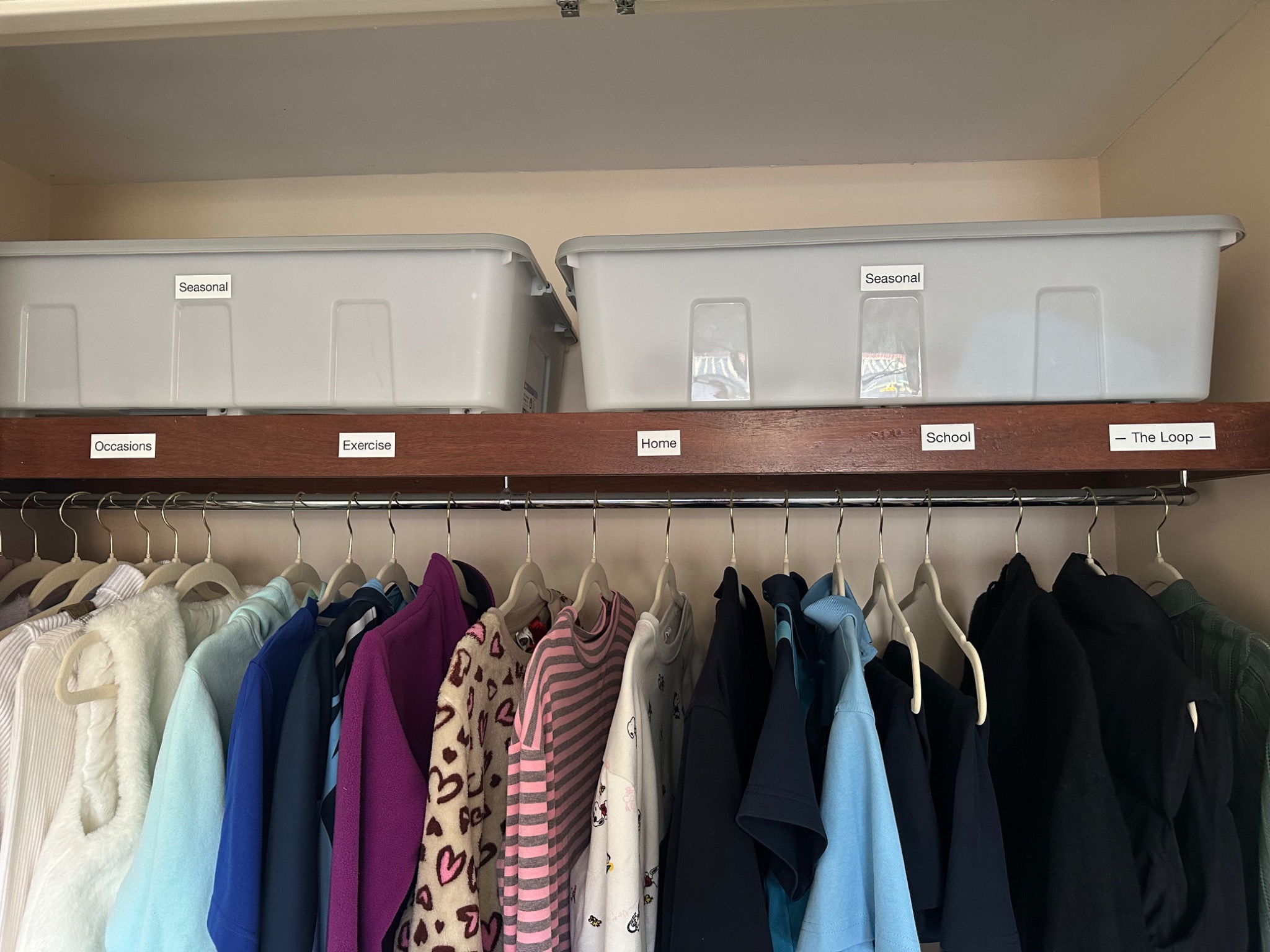 Life scenario labels across the wardrobe